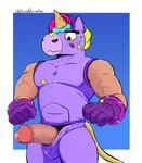 anthro blue_background blush border clothing erection food genitals gloves handwear heart_symbol horn humanoid_genitalia humanoid_penis ice_cream_cone looking_at_genitalia looking_at_penis looking_at_self male muscular penis purple_body purple_clothing simple_background solo star thick_penis vein veiny_muscles wardrobe_malfunction white_border kirowatermelon brawl_stars mythology supercell_(company) berry_(brawl_stars) equid equine horse mammal mythological_creature mythological_equine unicorn absurd_res hi_res portrait three-quarter_portrait