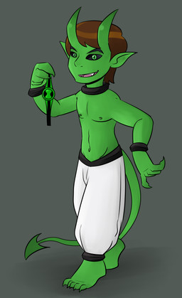 2_horns 5_toes after_transformation barefoot black_sclera brown_hair clothed clothing corruption fangs feet fingers green_body green_eyes green_skin hair horn male nipples not_furry open_mouth pointy_ears simple_background smile solo tail teeth toes topless topless_male mr-haitch ben_10 cartoon_network ben_tennyson demon demon_humanoid humanoid 2021 digital_drawing_(artwork) digital_media_(artwork)
