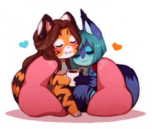 anthro bedding bendy_straw beverage blanket blush chibi coffee container countershading cuddling cup cute_fangs daww drinking_straw duo eyes_closed fangs female female/female heart_symbol holding_container holding_cup holding_object simple_background teeth white_background coff alex_marx vasta felid feline lynx mammal pantherine tiger digital_media_(artwork) shaded