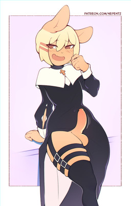 accessory anthro balls black_clothing black_legwear black_stockings blush blush_lines blush_stickers clothed clothing clothing_aside clothing_lift collar costume cross crossdressing dress dress_lift erection femboy furniture garter garter_belt garter_straps genitals hair_accessory hairclip hairpin halloween_costume holidays humanoid_genitalia humanoid_penis legwear looking_at_viewer male narrowed_eyes no_underwear nun nun_outfit on_table open_mouth open_smile partially_clothed penis presenting presenting_penis simple_background sitting sitting_on_table smile smiling_at_viewer smirk solo stockings table teasing thigh_highs nepentz halloween naori_(nepentz) lagomorph leporid mammal rabbit absurd_res digital_media_(artwork) hi_res