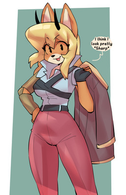 anthro belt blonde_hair blush bottomwear breasts brown_body clothing cosplay dialogue female fingerless_gloves gloves green_background hair handwear holding_clothing holding_jacket holding_object holding_topwear horn jacket looking_at_viewer open_mouth pants shirt simple_background smile solo text topwear borvar deadlock_(game) valve shiv_(deadlock) tori_yiffany canid canine canis domestic_dog mammal 2024 digital_media_(artwork) english_text hi_res