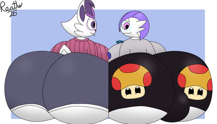 anthro ass_to_ass backsack balls big_balls big_breasts big_bulge big_butt black_bottomwear black_clothing black_shorts blue_background blue_bottomwear blue_clothing blue_eyewear blue_glasses blue_shorts border bottomwear breast_squish breasts breasts_frottage buckteeth bulge butt butt_squish clothing duo eyewear female fungus genitals glasses grey_clothing grey_shirt grey_topwear gynomorph hair huge_balls huge_breasts huge_bulge huge_butt hyper hyper_breasts hyper_butt intersex looking_at_another looking_at_butt looking_at_own_butt looking_back looking_back_at_self mega_mushroom mushroom nerd pink_clothing pink_eyes pink_eyewear pink_glasses pink_sweater pink_topwear purple_eyes purple_hair purple_inner_ear purple_nose rear_view scut_tail shirt short_tail shorts simple_background sitting smile smiling_at_another spikes spikes_(anatomy) squish sweater tail teeth tight_clothing topwear white_body white_border white_ears white_tail reathe mario_bros nintendo pokemon klarra_(reathe) tifa_(reathe) cinderace gardevoir generation_3_pokemon generation_8_pokemon humanoid lagomorph leporid mammal pokemon_(species) rabbit 2026 7:4 absurd_res colored digital_media_(artwork) hi_res shaded signature