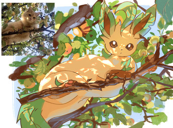 ambiguous_gender blessed_image branch brown_eyes feral food fruit fur in_tree looking_at_viewer looking_down looking_down_at_viewer low-angle_view on_branch pawpads paws plant solo tail tree yellow_body yellow_fur seta629211 nintendo pokemon domestic_cat eeveelution felid feline felis generation_4_pokemon leafeon mammal pokemon_(species) 2026 hi_res photography_(artwork) reference_image