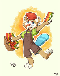 abstract_background anthro barefoot blue_eyes blue_tail brown_body brown_clothing brown_fur brown_overalls candy clothed clothing dessert feet food front_view fur glistening glistening_eyes green_clothing green_shirt green_t-shirt green_topwear hair holding_candy holding_food holding_object logo male open_mouth open_smile overalls pink_nose pink_tongue red_hair shirt short_hair smile solo t-shirt tail teeth tongue topwear white_body white_fur young young_anthro young_male pandapaco kvikk_(littlekvikk) beaver mammal rodent 2025 artist_logo dated full-length_portrait portrait signature