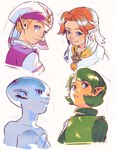 blonde_hair blue_body blue_skin clothing female green_hair group hair headdress humanoid_pointy_ears light_body light_skin orange_hair pointy_ears simple_background smile uzucake nintendo ocarina_of_time the_legend_of_zelda malon princess_ruto princess_zelda saria young_zelda animal_humanoid elf humanoid hylian marine marine_humanoid zora