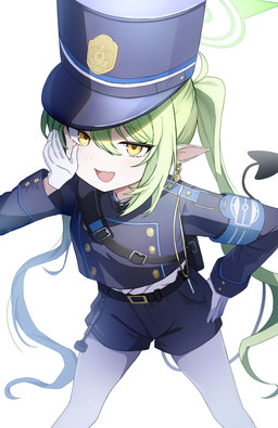 backpack belt blue_bottomwear blue_clothing blue_hat blue_headwear blue_shirt blue_shorts blue_topwear blush bottomwear breasts clothing cute_fangs ear_piercing ear_ring fangs female gloves green_hair hair hair_between_eyes halo hand_on_hip hand_on_own_hip handwear hat headgear headwear legwear long_hair looking_at_viewer open_mouth pantyhose piercing pigtails pointy_ears pose prick_ears raised_tail ring_piercing shirt shorts simple_background small_breasts tail teeth topwear whistle_(object) white_clothing white_gloves white_handwear white_legwear white_pantyhose white_shirt white_topwear yellow_eyes young young_female young_humanoid hehe_(pixiv) blue_archive nexon nozomi_(blue_archive) demon demon_humanoid humanoid tailed_humanoid absurd_res hi_res