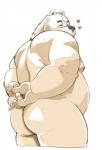 anthro belly big_butt black_nose butt fur half-closed_eyes hands_behind_back heart_symbol male moobs narrowed_eyes nipples nude overweight overweight_anthro overweight_male rear_view side_moob simple_background solo white_background white_body white_fur kumagaya_shin bear mammal 2016 light_theme portrait restricted_palette three-quarter_portrait