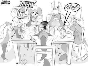 angry annoyed anthro biped blush bodily_fluids breasts chair d4 dice female furniture group male sitting table tears capaoculta dungeons_and_dragons hasbro wizards_of_the_coast alma_(capaoculta) glitter_(capaoculta) tiff_(capaoculta) american_opossum canid canine canis cheetah domestic_dog felid feline mammal marsupial virginia_opossum 2023 absurd_res digital_media_(artwork) greyscale hi_res monochrome sketch