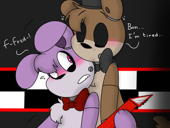 anthro blush bow_(feature) bow_tie brown_body brown_fur clothing duo electric_guitar eyes_closed fur guitar hat headgear headwear machine musical_instrument plucked_string_instrument purple_body purple_eyes purple_fur ribbons shaking speech_bubble string_instrument text trembling francesathewhitefox five_nights_at_freddy's scottgames bonnie_(fnaf) freddy_(fnaf) animatronic bear lagomorph leporid mammal rabbit robot 4:3 english_text