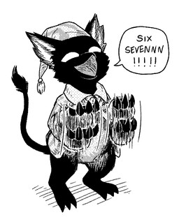 3_toes 4_fingers ambiguous_anthro ambiguous_gender anthro barefoot beak biped black_beak black_body black_fur black_tail black_tail_tuft black_text bottomless bottomless_ambiguous bottomless_anthro clothed clothed_ambiguous clothed_anthro clothing empty_eyes exclamation_point feet fingers fur half-closed_eyes happy hat headgear headwear motion_blur motion_lines narrowed_eyes nightcap open_beak open_mouth pajamas screaming semi-anthro simple_background sleepwear slim_anthro slim_male solo speech_bubble standing stippling tail tail_tuft text toes topwear tuft white_background white_eyes young young_ambiguous young_anthro zoomer_speak achromasloth 67_(meme) deadlock_(game) mythology valve rem_(deadlock) avian chimera dream_creature gryphon mythological_avian mythological_creature 2026 aliasing binary_drawing black_and_white digital_drawing_(artwork) digital_media_(artwork) english_description english_text full-length_portrait monochrome portrait
