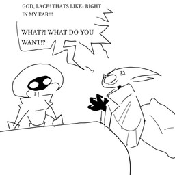 ambiguous_gender angry annoyed anthro bed cross-popping_vein dialogue duo eye_contact furniture looking_at_another mouthless simple_background speech_bubble talking_to_another text under_covers white_background yelling professornoodless hollow_knight:_silksong hollow_knight_(franchise) team_cherry hornet_(hollow_knight) lace_(hollow_knight:_silksong) arthropod insect 1:1 2025 black_and_white digital_drawing_(artwork) digital_media_(artwork) english_text hi_res monochrome sketch female_(lore)