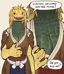 anthro big_breasts biped breasts brown_eyes claws cleavage clothed clothing female finger_claws grey_body grey_scales looking_at_viewer open_mouth open_smile scales seductive simple_background smile smiling_at_viewer solo speech_bubble talking_to_viewer text white_background yellow_body yellow_scales yolabayola1 capcom monster_hunter fanged_wyvern great_jagras 2025 digital_media_(artwork) english_text hi_res