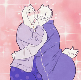 2_horns 4_fingers abstract_background anthro anthro_on_anthro belly big_breasts big_butt biped black_eyebrows blush blush_lines blushing_profusely breasts butt claws clothed clothed_anthro clothed_female clothing dress duo ear_tuft eyebrows eyelashes eyes_closed female female/female finger_claws fingers floppy_ears fur fur_tuft hand_on_another's_head hand_on_head head_grab head_tuft horn hug humanoid_hands intraspecies jacket legs_together long_eyelashes lop_ears making_out mature_anthro mature_female monotone_horn multicolored_clothing multicolored_dress multicolored_robe open_clothing open_jacket open_topwear overweight overweight_anthro overweight_female pattern_clothing pattern_dress pink_blush purple_clothing purple_jacket purple_topwear robe selfcest short_horn short_tail small_horn snout sparkles spots spotted_clothing spotted_dress square_crossover standing tail thick_thighs three-quarter_view topwear tuft two_tone_clothing two_tone_dress two_tone_robe white_claws white_ears white_horn white_tail darkriallet undertale undertale_(series) toriel boss_monster_(undertale) bovid caprine goat mammal 2026 digital_drawing_(artwork) digital_media_(artwork) english_description hi_res