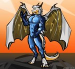 anthro blue_clothing clothing costume digitigrade hair horn male membrane_(anatomy) membranous_wings simple_background standing suit tail white_body white_hair wings yellow_body fruitbowl sol_(drgnsol) teryx_commodore rain_dragon hi_res signature