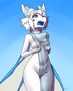 angry antennae_(anatomy) anthro asymmetrical_clothing biped blue_eyes breasts clothing cupping_breasts ear_frill featureless_breasts female frill_(anatomy) grey_clothing holding_breast horn jealous membrane_(anatomy) membranous_wings non-mammal_breasts open_mouth side_boob small_breasts solo standing text text_on_clothing white_body white_horn wings furball brooklyn_sweater meme_clothing mythology lyndane dragon fairy_dragon mythological_creature mythological_scalie scalie 4:5 digital_media_(artwork) hi_res meme portrait three-quarter_portrait