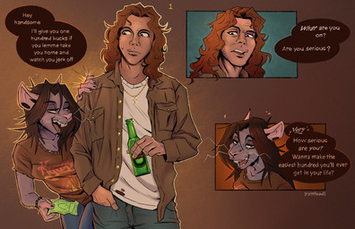 5_fingers alcohol anthro asking asking_another banknote beverage beverage_bottle biped bottle buckteeth clothed clothed_anthro clothed_female clothed_human clothed_male clothing conjoined_speech_bubble container dialogue duo female fingers fully_clothed fully_clothed_anthro fully_clothed_female fully_clothed_human fully_clothed_male hair holding_beverage holding_bottle holding_container holding_money holding_object human_on_anthro interspecies jewelry long_hair male male/female money necklace offering_money open_mouth outline page_number size_difference speech_bubble substance_intoxication talking_to_another teeth text whiskers white_whiskers rattfood heineken heineken_n.v. kyuss morgan_(rattfood) human mammal murid murine rat rodent artist_name comic english_description english_text hi_res