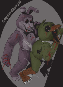 anthro avian_feet black_eyes blood blood_on_body blood_on_mouth bodily_fluids body_horror bow_tie creepy cum cum_inside dirty duo ejaculation female genital_fluids gore graveyard_shift_at_freddy's grin hair machine male male/male possession pulling_hair red_eyes scratched sharp_teeth smile spotlight standing teeth torn_fabric touching_hair wounded squirrel870916 five_nights_at_freddy's scottgames bonnie_(fnaf) chica_(fnaf) animatronic avian bird demon lagomorph leporid mammal rabbit robot absurd_res colored digital_media_(artwork) hi_res shaded