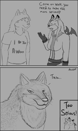 anthro clothed clothing female hair long_hair male shirt t-shirt text topwear whiskers wings naturalwolf too_serious canid canine canis fox mammal wolf comic english_text meme monochrome
