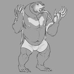 anthro barefoot bottomwear boxer_briefs claws clothing feet fur grey_background long_claws long_tongue male muscular muscular_anthro muscular_male navel nipples pawpads simple_background snout solo standing tongue topwear torn_clothing torn_topwear underwear awarebear bear mammal sun_bear ursine werecreature wereursid 1:1 monochrome