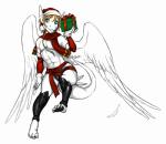 abs anthro blonde_hair blue_eyes christmas_clothing christmas_headwear christmas_present claws clothing feathered_wings feathers gift hair hat headgear headwear holding_gift holding_object holidays male muscular muscular_anthro muscular_male red_sash red_scarf santa_hat sash scarf simple_background solo tail tattoo white_background wings cerezo christmas mythology siegfried angel_dragon dragon mythological_creature mythological_scalie scalie