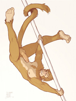 anthro armpit_hair balls body_hair brown_body brown_fur brown_hair dancing erection fur genitals grin hair humanoid_genitalia humanoid_penis looking_at_viewer male nude penis pole pole_dancing prehensile_tail pubes smile solo tail upside_down blinian grim_(blinian) haplorhine mammal monkey primate hi_res