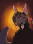 anthro big_ears black_clothing black_hair button-up clothing cravat ear_piercing female fur grey_body grey_fur hair highlights_(coloring) piercing purple_highlights shoulder_cape solo wings thisdingo jaina_(golddrake) bat mammal absurd_res bust_portrait hi_res portrait