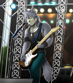 amplifier anthro black_clothing black_shirt black_tank_top black_topwear blue_bottomwear blue_clothing blue_pants bottomwear brown_nose clothed clothing countershade_face countershade_torso countershading electric_guitar electronics fully_clothed fur grey_body grey_fur grey_hair guitar hair holding_guitar holding_musical_instrument holding_object jewelry male microphone multicolored_body multicolored_fur musical_instrument musician necklace pants playing_music plucked_string_instrument shirt solo stage stage_light string_instrument tank_top topwear two_tone_body two_tone_fur wristband poge_jirushi fender_musical_instruments_corporation marshall_amplification morenatsu stratocaster kouya_aotsuki canid canine canis domestic_dog husky mammal nordic_sled_dog spitz 2012 japanese_description