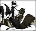 anthro big_breasts black_border blue_eyes border breasts canid canine duo eyewear female from_front_position fur glasses hi_res huge_breasts male male/female mammal mastery_position mephitid nipples nude paws sex simple_background skunk thick_thighs third-party_edit tongue tongue_out truegrave9 white_background