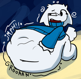 anthro belly big_belly bloated blue_clothing blue_sweater blue_topwear churn clothed clothing female female_pred fur groan lying on_front onomatopoeia overweight pained_expression pantsless pantsless_anthro rumbling_stomach scar size_difference slosh sloshing_belly smaller_pred solo sound_effects sweater text topwear vore white_body white_fur x_scar meosporin cave_story sue_sakamoto lagomorph mammal mimiga 2025 hi_res