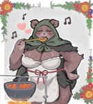 anthro big_breasts biped blush breasts brown_body brown_fur cleavage clothed clothing eyes_closed female flower food fur hand_on_hip heart_symbol hood mature_anthro mature_female open_mouth pawpads plant smile solo soup moril mama_mellow_(anotherbearsimp) bear mammal absurd_res hi_res