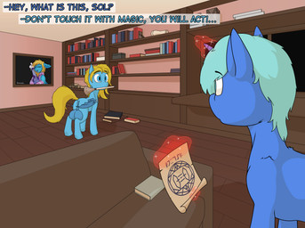 ambiguous_gender animal_genitalia animal_penis balls big_balls blue_body blue_eyes bong cleaning_tool dialogue drugs duo equine_genitalia equine_penis feather_duster feral floorboards furniture genitals horn magic male penis picture_frame scroll sofa telekinesis text wings alonio hasbro my_little_pony mythology equid equine horse mammal mythological_creature mythological_equine pony unicorn absurd_res english_text hi_res