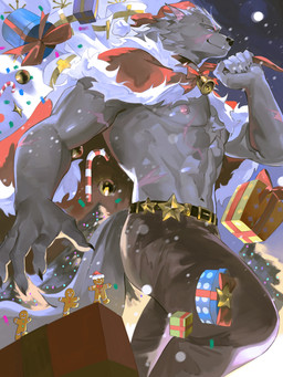 5_fingers anthro biped black_body black_fur black_nose christmas_clothing christmas_headwear claws clothing fingers fur gift hat headgear headwear holidays humanoid_hands male muscular muscular_anthro muscular_male santa_hat solo novil1998 christmas elden_ring fromsoftware blaidd_(elden_ring) canid canine canis mammal wolf 2025 absurd_res colored hi_res