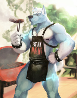 5_fingers anthro apron apron_only barbecue biceps black_clothing black_nipples black_nose blue_body blue_fur bracelet clothing fingers food front_view fur green_eyes hair hand_on_hip holding_object humanoid_hands jewelry looking_at_viewer male manly meat mostly_nude multicolored_body multicolored_fur muscular muscular_anthro muscular_male necklace nipples outside pecs quads sausage short_hair smoke solo standing studded_bracelet studded_jewelry studs text text_on_apron text_on_clothing two_tone_body two_tone_fur white_body white_fur white_hair barasaurus steelfire canid canine canis domestic_dog husky mammal nordic_sled_dog spitz 2017 digital_media_(artwork) english_text portrait signature three-quarter_portrait