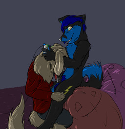5_fingers :| anthro anthro_on_anthro bean_bag bite biting_lip biting_own_lip black_body black_fur black_lips black_nose black_penis blue_body blue_bottomwear blue_clothing blue_fur blue_hair blue_pants bodily_fluids bottomwear brown_body brown_fur carpet chest_tuft clothed clothing controller creepy_face dipstick_ears dipstick_tail duo ear_markings erection fellatio fingers floppy_ears fluffy fur fur_markings game_controller gaming genitals green_eyes grey_background hair hand_on_leg hand_on_thigh head_in_crotch holding_controller holding_game_controller holding_object inside leg_grab lightning_bolt lips long_ears long_tail male male/male male_penetrated male_penetrating male_penetrating_male markings multicolored_body multicolored_ears multicolored_fur multicolored_tail multitasking navel neck_tuft nude oral oral_penetration pants penetration penile penis playing_video_game pubes red_clothing red_shirt red_topwear saliva self_bite sex shirt simple_background sitting smile sucking tail tail_markings teeth thigh_grab tongue tongue_out topwear tuft xbox_360_controller xbox_controller yellow_body yellow_fur syynx microsoft xbox xbox_360 xbox_game_studios jjiinx_(character) melkiah_(character) canid canine fox hybrid mammal 2010 hi_res