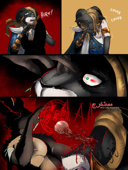 anthro areola armband asphyxiation big_areola big_breasts blood blood_on_face blue_clothing bodily_fluids breast_scar breasts choking clothing cough duo enucleation eye_removal female fur gold_(metal) gore gouging green_eyes magic magic_user multicolored_body multicolored_fur reaching red_background red_eyes ripping screaming simple_background sound_effects spell text two_tone_body two_tone_fur tyunre nafisa_vharr_antrelys raisa_vharr_gres bovid caprine domestic_rabbit harlequin_rabbit lagomorph leporid mammal oryctolagus rabbit 3:4 comic english_text hi_res