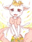 3_fingers :3 :d abstract_background anthro apron bangs basket blonde_hair blue_eyes blush clothed clothing container dress eyebrow_through_hair eyebrows eyelashes female fingers flower freckles front_view fully_clothed fur hair holding_object horn inner_ear_fluff kemono leaf looking_at_viewer open_mouth petals pink_clothing pink_dress pink_tongue plant puffy_sleeves raised_eyebrows short_hair short_sleeves smile solo standing tongue translucent translucent_hair tuft white_body white_clothing white_fur yellow_horn noruu animal_crossing nintendo chevre_(animal_crossing) bovid caprine goat mammal digital_media_(artwork) hi_res