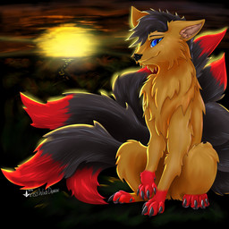 9_tails female hair multi_tail sunset tail weisswinddragon kira_redpaw canid canine fox mammal 1:1 hi_res