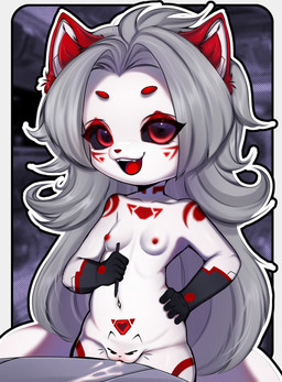 anthro areola belly ben_day_dots biped black_pen blurred_background bodily_fluids body_writing border breasts circle_eyebrows clitoris cum cum_on_table eye_markings eyebrows facial_markings fangs female fur furniture genital_fluids genitals grey_hair grey_sclera grey_table hair hand_on_hip head_markings holding_object holding_pen leg_markings long_hair looking_at_viewer markings navel nipples nude nude_anthro nude_female open_mouth open_smile pen presenting presenting_vulva red_areola red_clitoris red_ears red_eyebrows red_eyes red_facial_markings red_markings red_nipples red_nose red_tongue robotic_arm rubbing_vulva small_breasts small_nose smile solo table teeth text thigh_markings tongue vaginal_fluids vulva white_belly white_body white_border white_breasts white_chest white_fur white_inner_ear white_navel white_thighs white_vulva womb_tattoo writing_utensil young young_anthro young_female bimbo4ka pussy-cat_(meme) fia_mitsuki felid feline hybrid mammal robot_anthro 2026 colored digital_drawing_(artwork) digital_media_(artwork) english_text hi_res