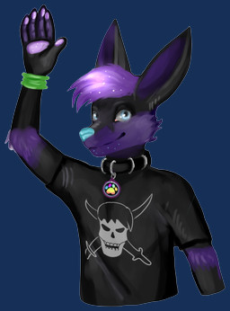 anthro black_body black_fur blue_eyes blue_nose cheek_tuft clothing collar cosmic_hair cutout ethereal_hair facial_tuft fur gesture glowing glowing_nose grin happy male multicolored_body purple_body purple_fur shirt skull_and_crossbones smile solo sparkles sticker topwear tuft two_tone_body waving waving_hand wristband emailty kitsunaki canid canine fox mammal 2023 alpha_channel half-length_portrait hi_res portrait shaded