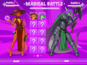 ambiguous_gender anthro armor axe blue_tongue clothed clothing dress duo female fighting_game_ui green_body green_eyes green_tail hair hat headgear headwear knight knight_armor magic_user markings orange_body orange_tail orb purple_eyes purple_hair purple_tongue red_clothing red_dress striped_body striped_markings striped_tail stripes tail tail_markings text tongue warrior weapon wizard_hat wetsealky mythology blaze_(blaze125) kelp_(blaze125) dragon fish marine mythological_creature mythological_scalie scalie shark absurd_res hi_res herm_(lore)