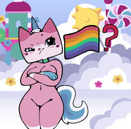 anthro anthrofied breasts confusion emoji emoji_description female flag flag_(object) genitals horn lgbt_pride navel nipples nude pink_body pride_color_flag pride_colors question_mark rainbow_flag rainbow_pride_colors rainbow_pride_flag rainbow_symbol six-stripe_rainbow_pride_colors solo tail vulva lobitoms_srt lego mythology the_lego_movie warner_brothers unikitty domestic_cat equid equine felid feline felis hybrid mammal mythological_creature mythological_equine unicorn 2025 digital_media_(artwork) hi_res