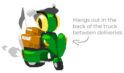 ambiguous_gender antennae_(anatomy) box cardboard cardboard_box clothing container delivery_(commerce) delivery_employee directional_arrow employee exhaust_smoke flag flag_(object) green_body grey_clothing grey_hat grey_headwear hat headgear headlight_eyes headwear holding_box holding_container holding_object machine metallic_body moped simple_background solo text tire vehicle white_background work_uniform giik emmie_(giik) arthropod insect living_machine living_vehicle mantis 2025 digital_drawing_(artwork) digital_media_(artwork) english_text full-length_portrait pixel_(artwork) portrait nonbinary_(lore)