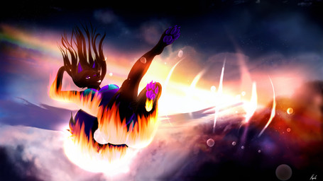 anthro big_breasts bikini breasts clothing cloud detailed_background falling female fire light sky solo sun swimwear two-piece_swimsuit under_boob itsmapledoe felid feline mammal 16:9 hi_res widescreen