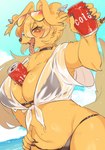 5_fingers anthro beverage beverage_can bikini blush breasts choker claws cleavage clothed clothing cola ear_piercing eyewear eyewear_on_head fangs female female_anthro finger_claws fingers floppy_ears fur hair hand_on_hip holding_beverage holding_object jewelry kemono looking_at_viewer necklace object_between_breasts pawpads piercing sea soda solo sunglasses sunglasses_on_head swimwear tail teeth tongue tongue_out tongue_piercing translucent translucent_clothing two-piece_swimsuit water wet wet_clothing shiki_2p canid canine canis domestic_dog mammal 2024 digital_media_(artwork)