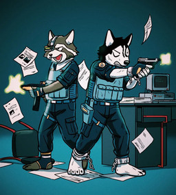 4_toes 5_toes anthro barefoot bound chain chained clothed clothing cuff_(restraint) duo feet footwear fully_clothed gun handgun male plantigrade police ranged_weapon restraints shackles socks stirrup_socks submachine_gun toes uniform weapon tonyhsq tony_(tonyhsq) canid canine canis domestic_dog husky mammal nordic_sled_dog procyonid raccoon spitz