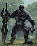 anthro beard black_hair bottomwear claws clothed clothing digitigrade facial_hair forest fur greatsword grey_body grey_fur hair loincloth loincloth_only male melee_weapon muscular muscular_anthro muscular_male outside pecs plant scar sky solo sword topless tree weapon frost_llamzon mythology ronin_(innovator_aegis) canid canine canis mammal mythological_canine mythological_creature werecanid werecanine werecreature werewolf wolf hi_res