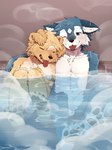 2024 4_toes anthro balls bent_legs betsuto blue_body blue_eyes blue_fur blush canid canine canis claws domestic_dog duo embarrassed english_description eyes_closed feet flaccid foreskin fur genitals hands_on_knees hands_on_legs happy hi_res hot_spring hug humanoid_genitalia humanoid_penis leaning male mammal nude nude_male one_eye_closed one_eye_half-closed onsen partially_submerged pawpads penis sitting soles steam tan_body tan_fur toes tongue tongue_out water wet wet_body white_body white_fur wolf yellow_body yellow_fur