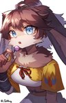 anthro blue_eyes brown_body brown_fur brown_hair candy clothed clothing dessert eyebrows eyelashes female fingers floppy_ears food fur hair lollipop long_ears looking_at_viewer neck_tuft open_mouth solo tuft gilmang star_wars star_wars_visions lop_(star_wars_visions) lagomorph lepi leporid mammal rabbit 2021 digital_media_(artwork)