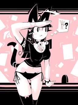 5_fingers abstract_background accessory ahoge ambiguous_feral ambiguous_gender anthro bangs beads bell bell_collar biped black_and_white_and_pink black_body black_clothing black_eyes black_fur black_hair black_shirt black_tail black_topwear blunt_bangs blush blush_stickers body_between_breasts bow_ribbon bra bracelet breasts butt butt_from_the_front cat_panties clothed clothed_female clothed_humanoid clothing collar confusion crotch_lines ears_up empty_eyes exclamation_point eyelashes female female_humanoid feral fingers fishnet_clothing fishnet_topwear front_view fur furgonomics hair hair_accessory hairclip hand_over_head jewelry larger_female larger_humanoid light_clothing long_hair looking_for_someone medium_breasts mouse_hole mouse_tail mouthless navel no_irises panties pantsless pink_bow pointy_ears predator/prey prick_ears quadruped ribbons searching shirt side-tie_panties simple_background size_difference skinny_female skinny_humanoid small_waist smaller_ambiguous smaller_feral snout solo_focus speech_bubble spiked_bra spiked_bracelet spikes standing stuck_between_breasts tail tail_accessory tail_bow tail_ribbon thick_eyelashes thought_bubble topwear underwear andaerz animal_humanoid cat_humanoid felid felid_humanoid feline feline_humanoid humanoid mammal mammal_humanoid murid rodent 2025 dated digital_drawing_(artwork) digital_media_(artwork) english_description letterbox pictographics portrait shaded soft_shading three-quarter_portrait