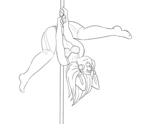 anthro biped bra breasts clothing dancing eyebrows eyebrow_through_hair eye_through_hair female fur hair panties pole pole_dancing solo spreading spread_legs stripper translucent translucent_hair underwear collieh canid canine canis domestic_cat domestic_dog felid feline felis mammal 2017 black_and_white monochrome